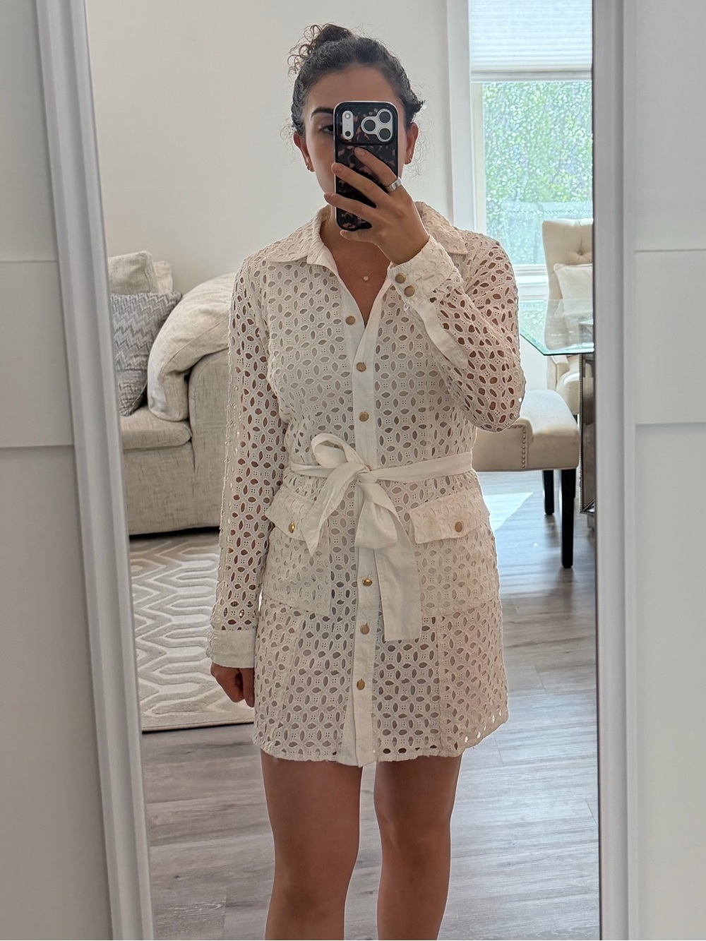 Zara Cream Eyelet Crochet Shirt Dress Size S